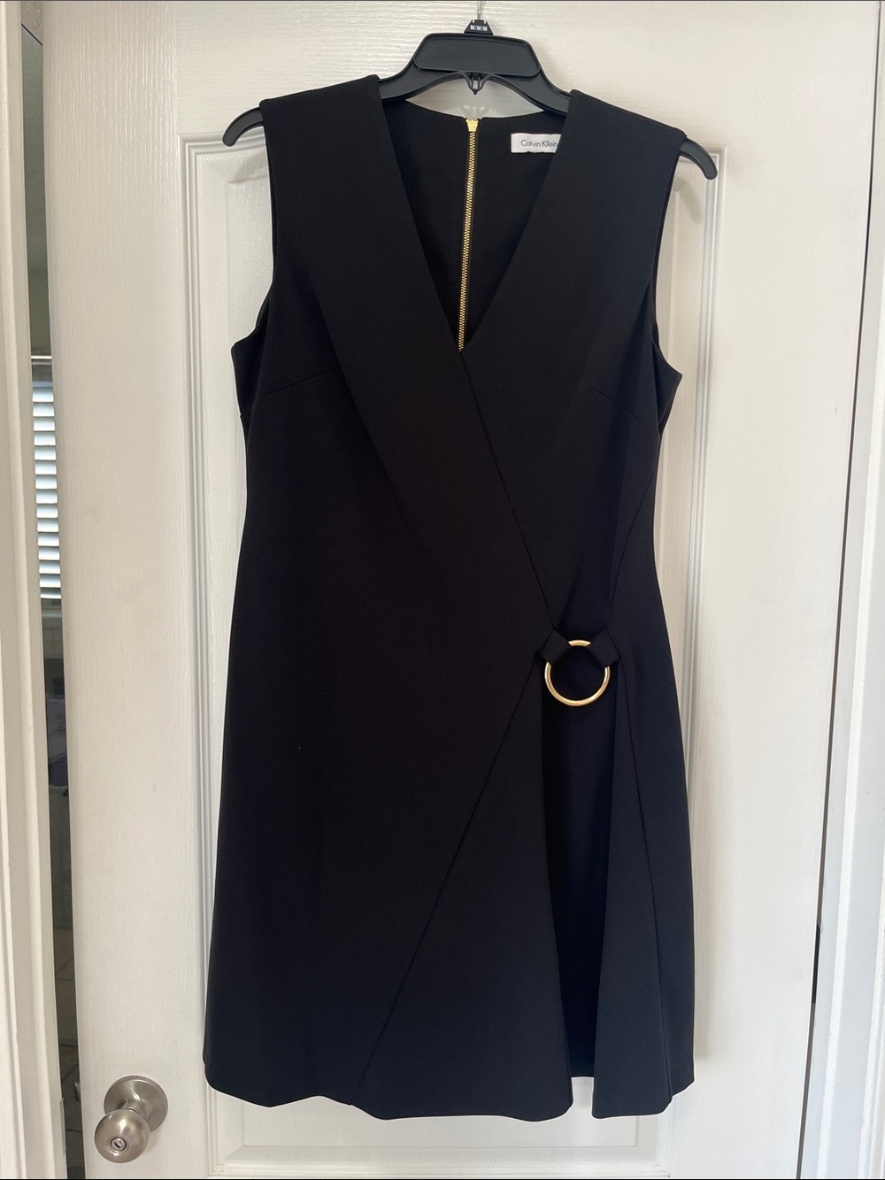 Calvin Klein Black Sleeveless V-Wrap Mini Dress with Gold Ring, 10